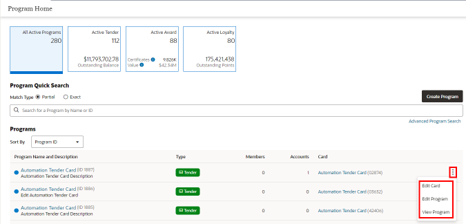 This figure shows the Action Menu Options - Program Home Quick Search