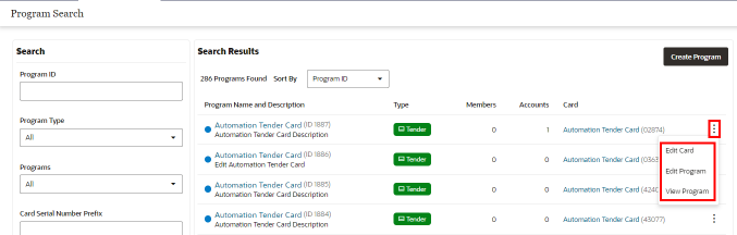Action Menu Options (Program Advanced Search)