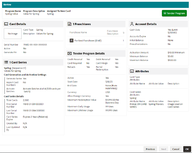 Tender Program - Review Tab (Assigned to New Card)