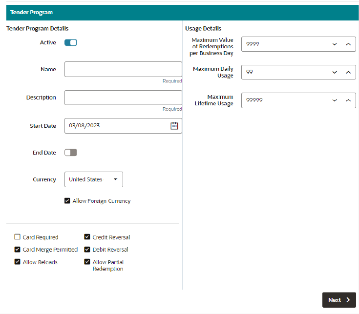 This figure shows the Tender Program Tab