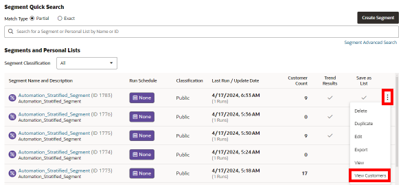 This figure shows the Overflow Menu Options - Segments Quick Search