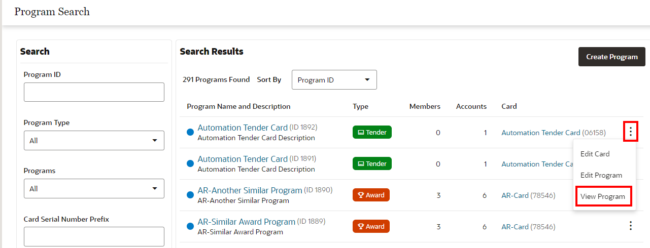 Action Menu Options (Program Advanced Search) - View Program