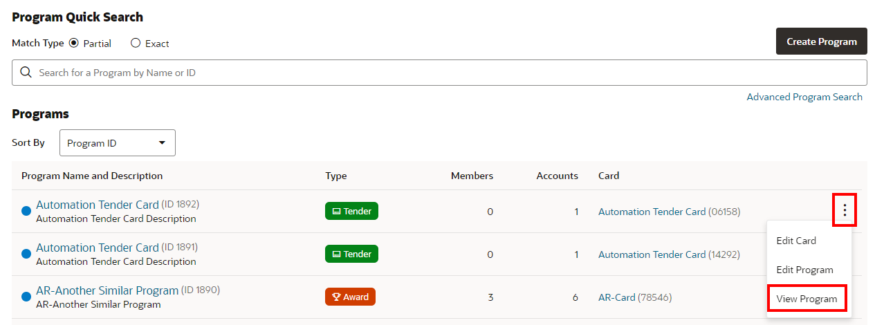 Action Menu Options (Programs Quick Search) - View Program