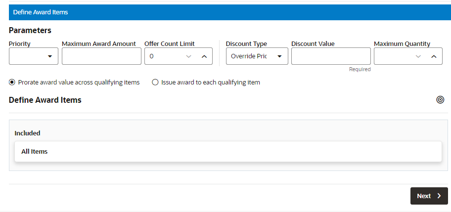 Define Award Items tab for Fixed Quantity or Price