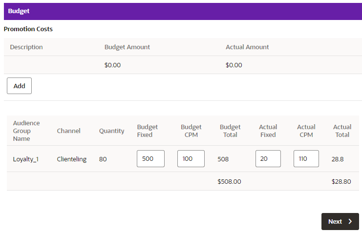 This figure shows the Budget Tab