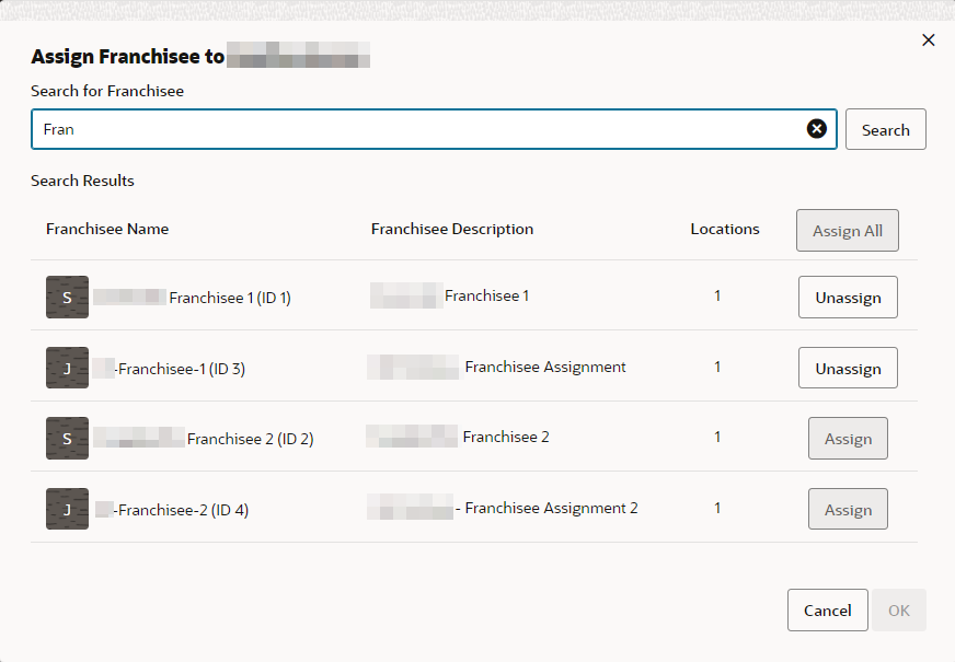 This figure shows the Assign Franchisee Results