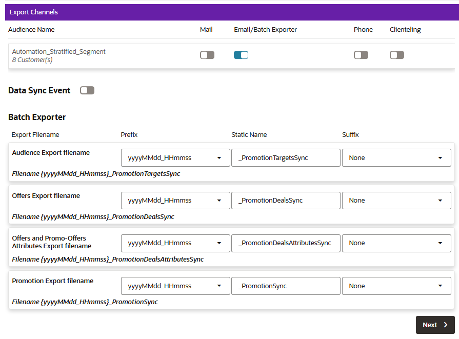 This figure shows the Export Channels Tab