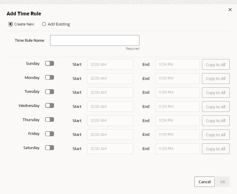 This figure shows the Add Time Rule - Create New