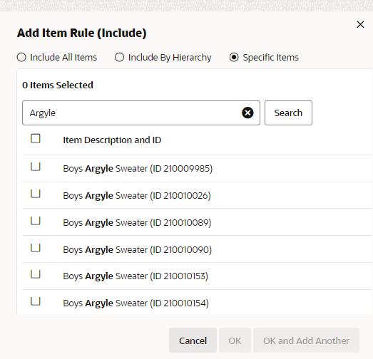This figure shows the Add Item Rule - Specific Items
