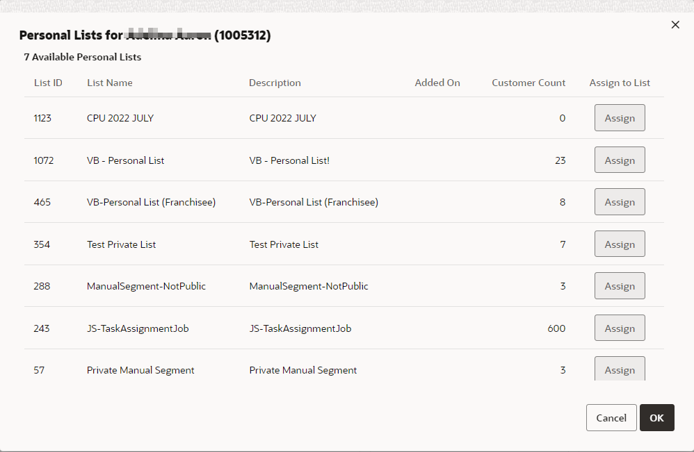 This figure shows the Personal Lists for Customer