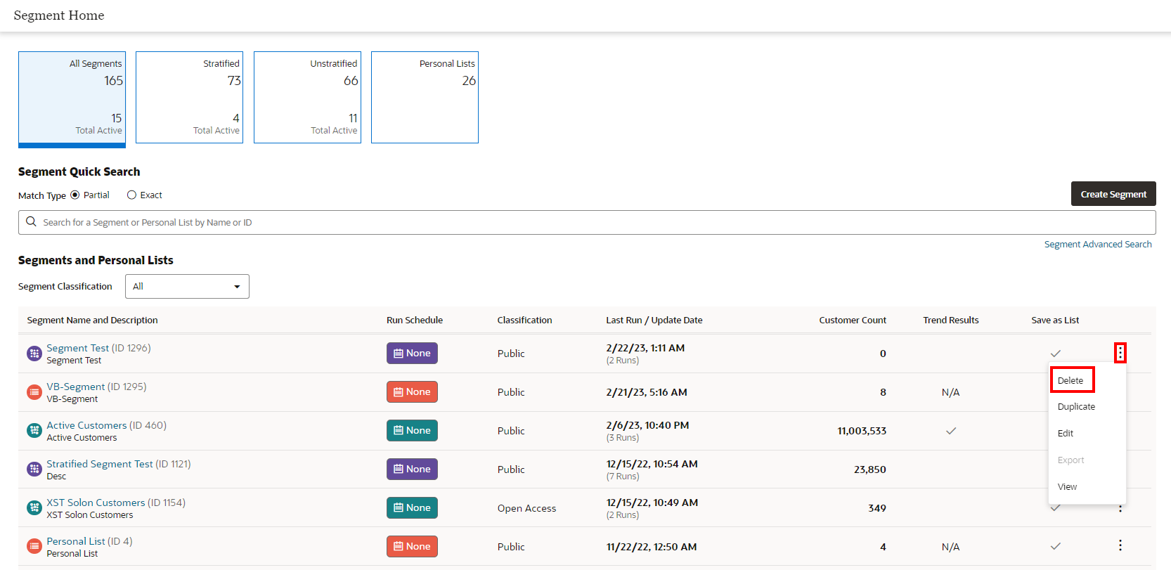 This figure shows the Overflow Menu Options - Segment Quick Search