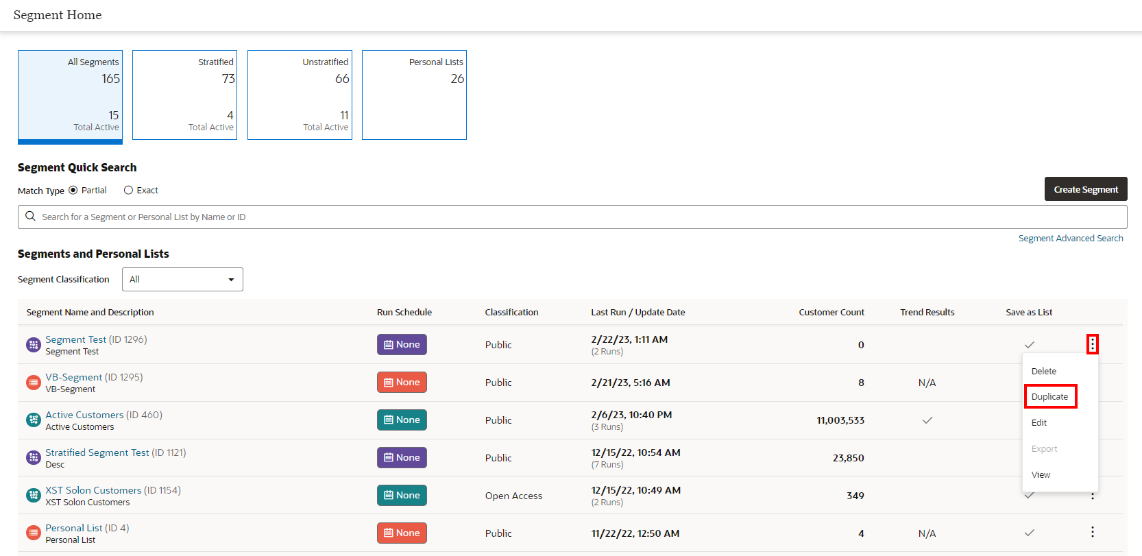 This figure shows the Overflow Menu Options for Segment Quick Search