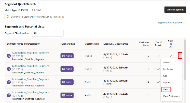 Action Menu Options Segment Quick Search
