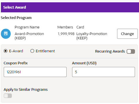 This figure shows the Award Program Certificate Options for E-Award