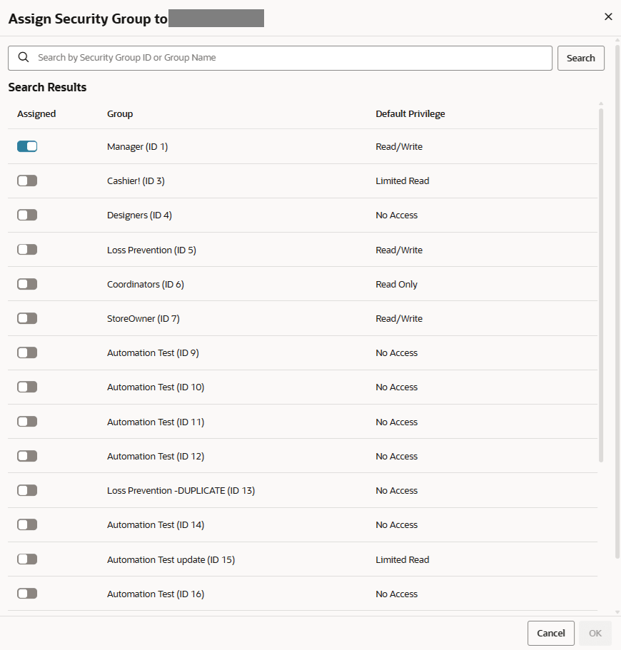 Assign Security Group - Search Results