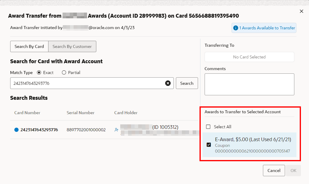 Awards to Transfer to Selected Account