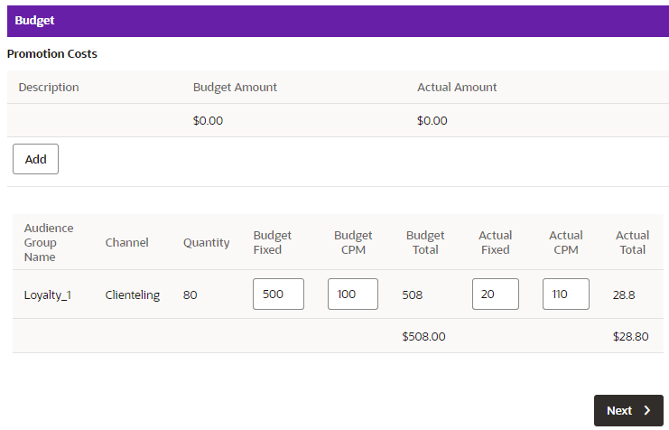This figure shows the Budget Tab