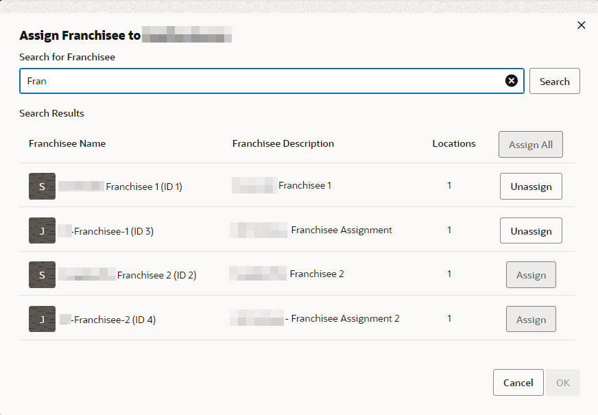 This figure shows the Assign Franchisee Results