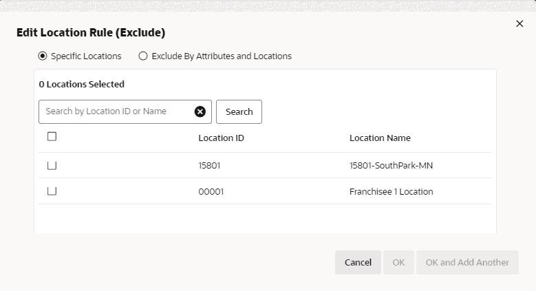 This figure shows the Edit Location Rule - Exclude for Specific Locations