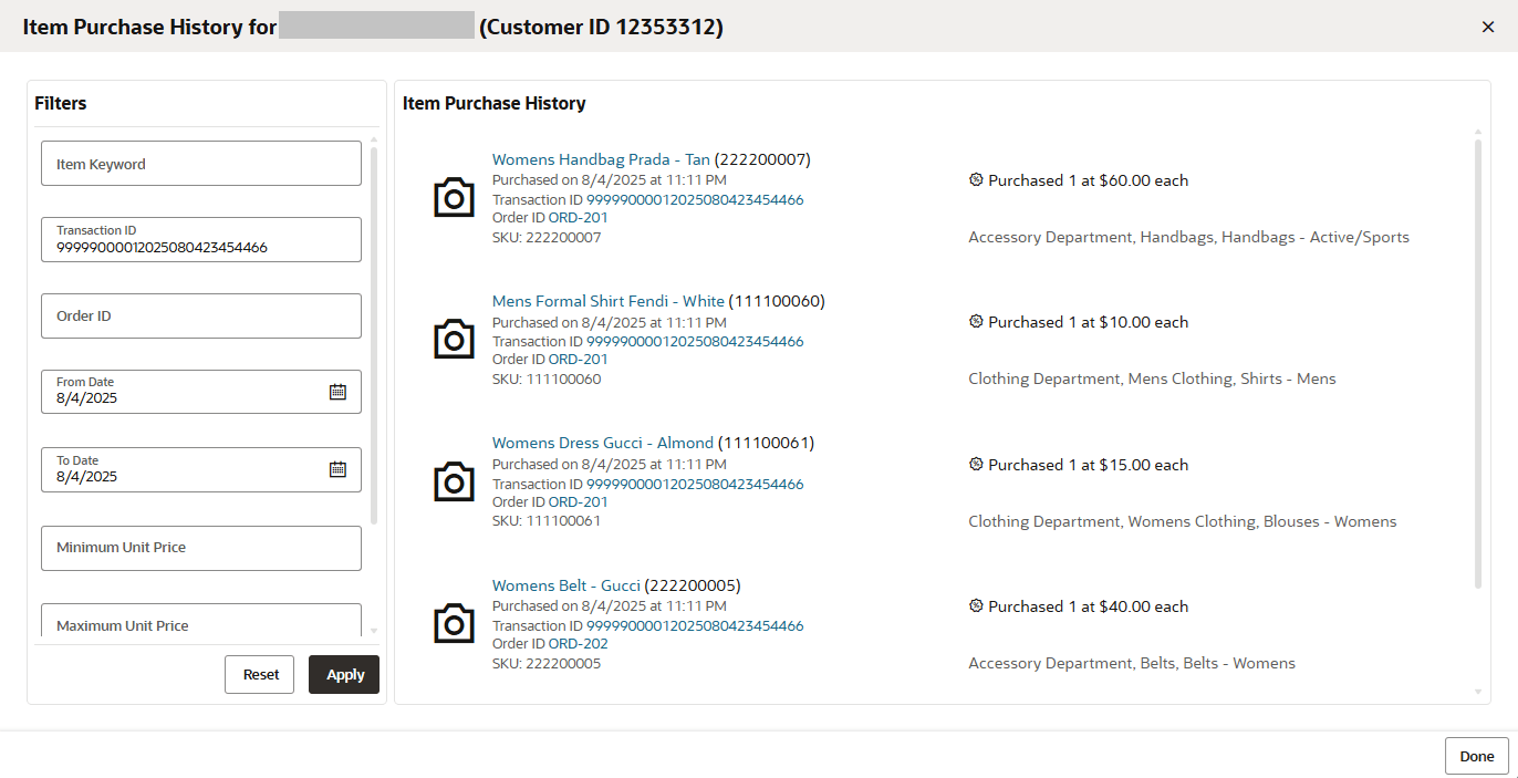This figure shows the Item Purchase History Details