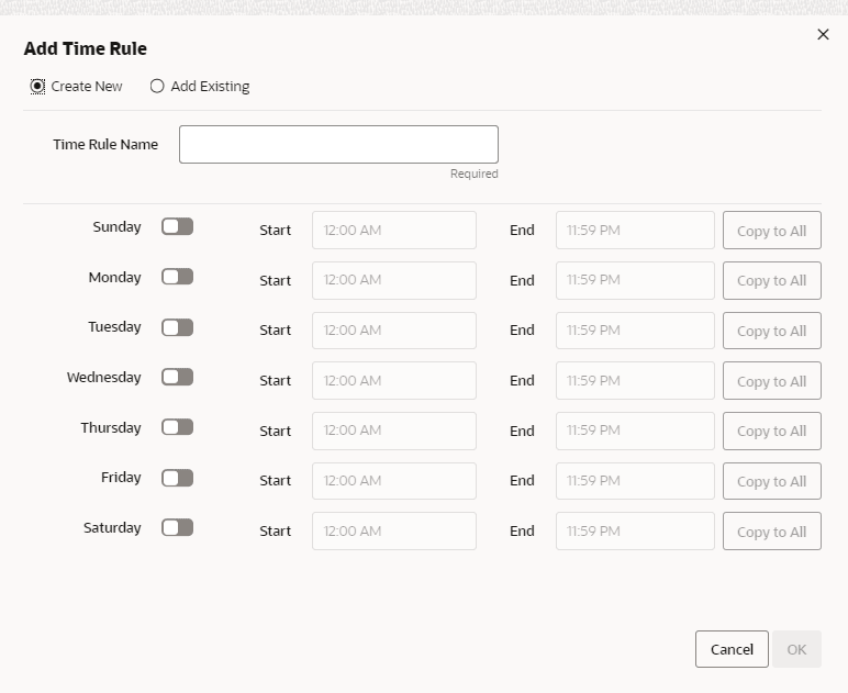 This figure shows the Add Time Rule - Create New