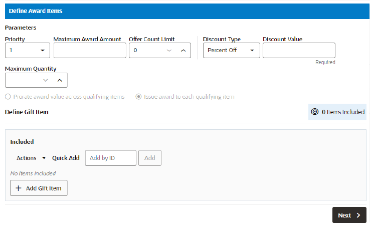 This figure shows the Define Award Items Tab - Gift with Purchase This figure shows the Define Award Items Tab - Gift with Purchase