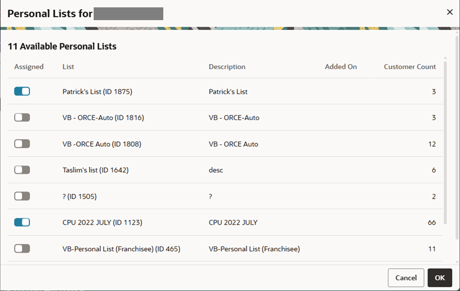 This figure shows the Personal Lists for Customer