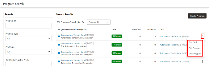 Action Menu Options (Program Advanced Search)