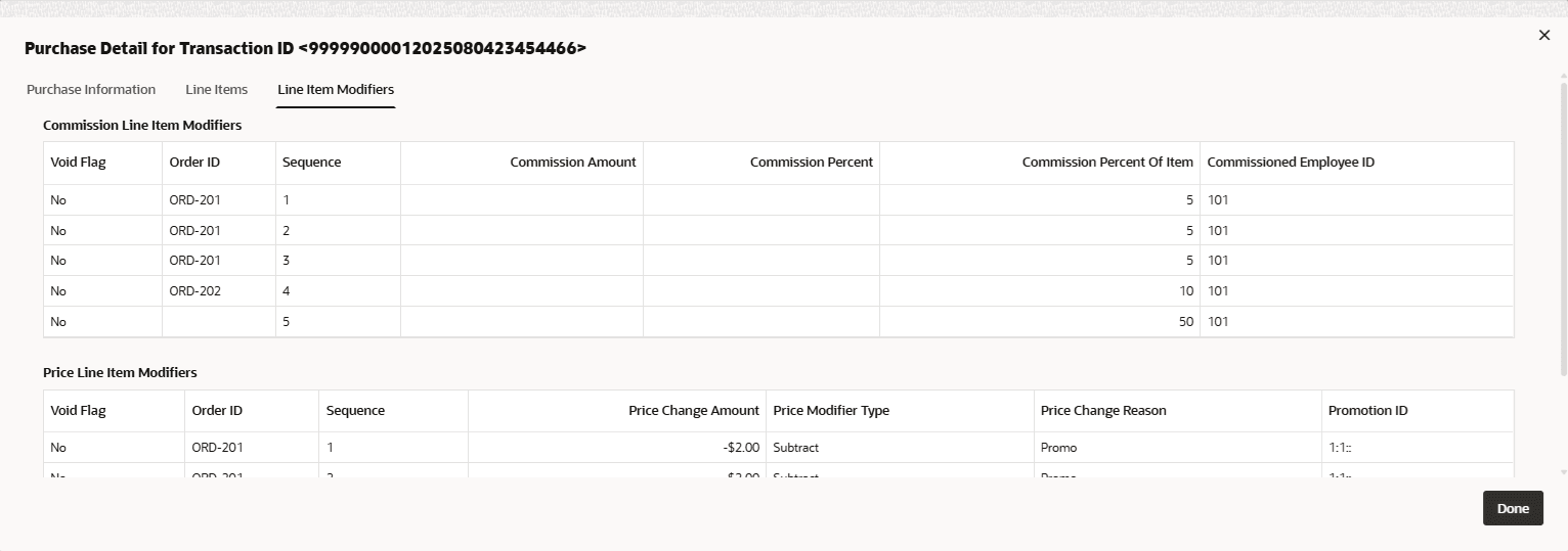This figure shows the Purchase Detail for Line Item Modifiers