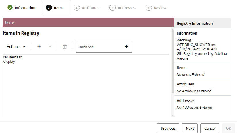 This figure shows the Create Registry Items