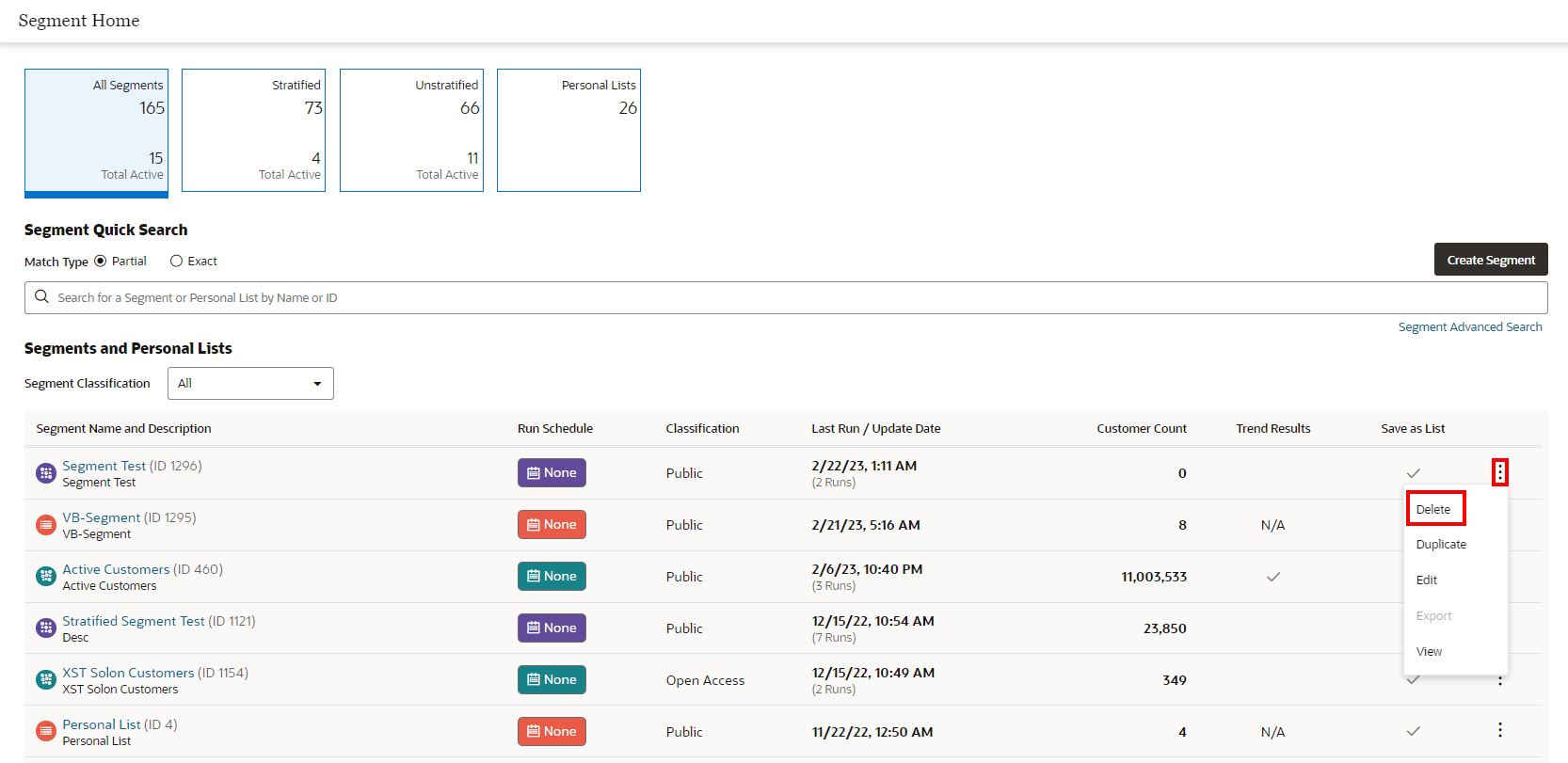 This figure shows the Overflow Menu Options - Segment Quick Search
