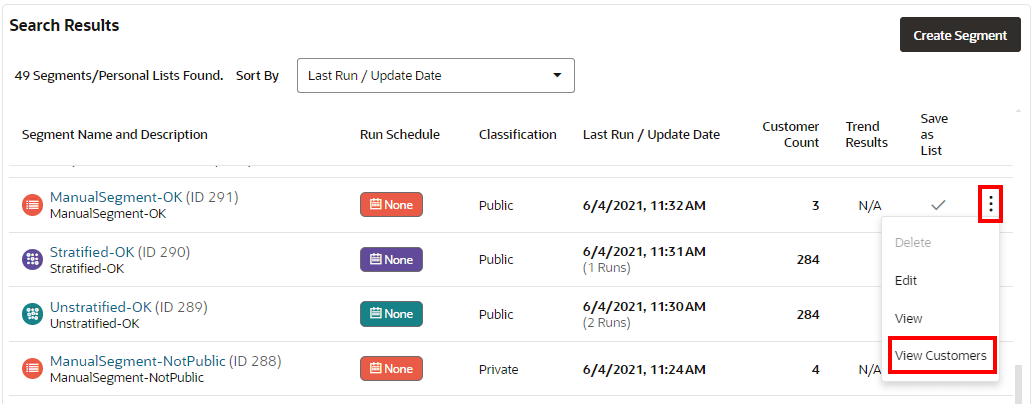 This figure shows the Actions Menu Options - Segments Advanced Search