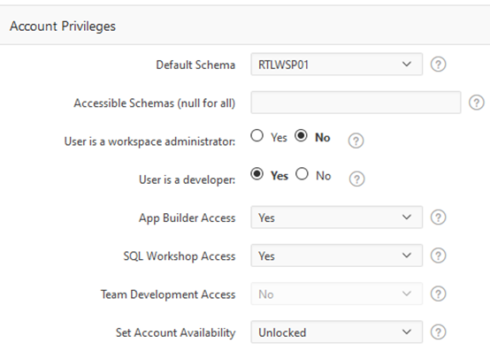 account privileges screen