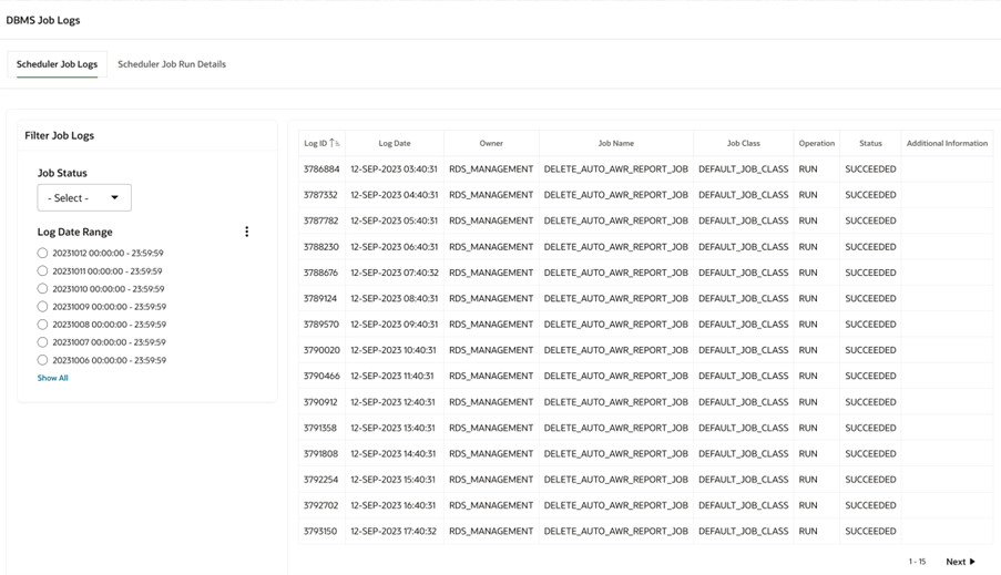 DBMS Scheduler Job Logs DBMS Scheduler Job Logs