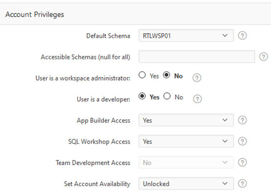 Account Privileges section of the APEX Create User form Account Privileges section of the APEX Create User form