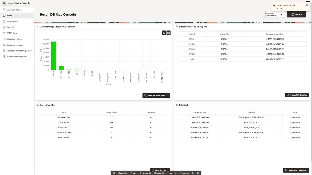 DB OPs Console Home Page DB OPs Console Home Page
