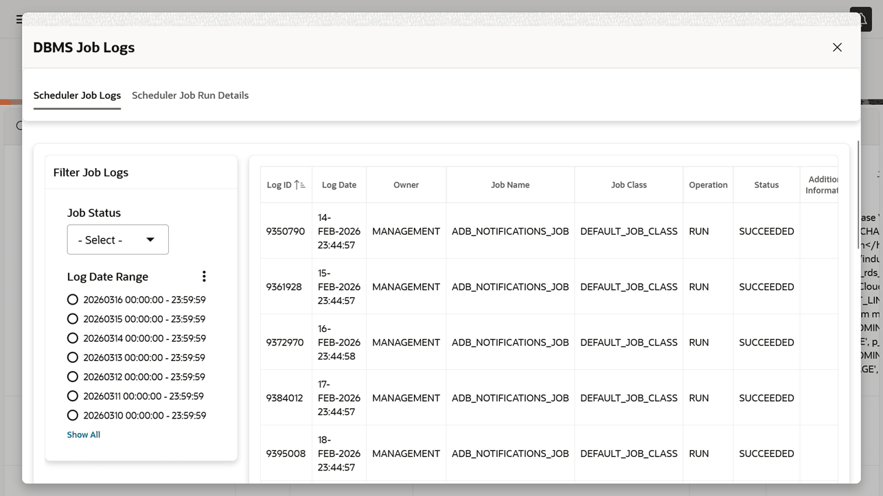 DBMS Jobs - Scheduler Job Run Details DBMS Jobs - Scheduler Job Run Details