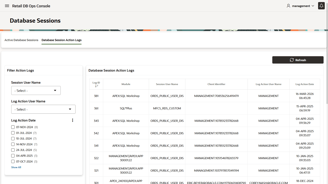 Database Sessions - Database Session Action Logs Database Sessions - Database Session Action Logs