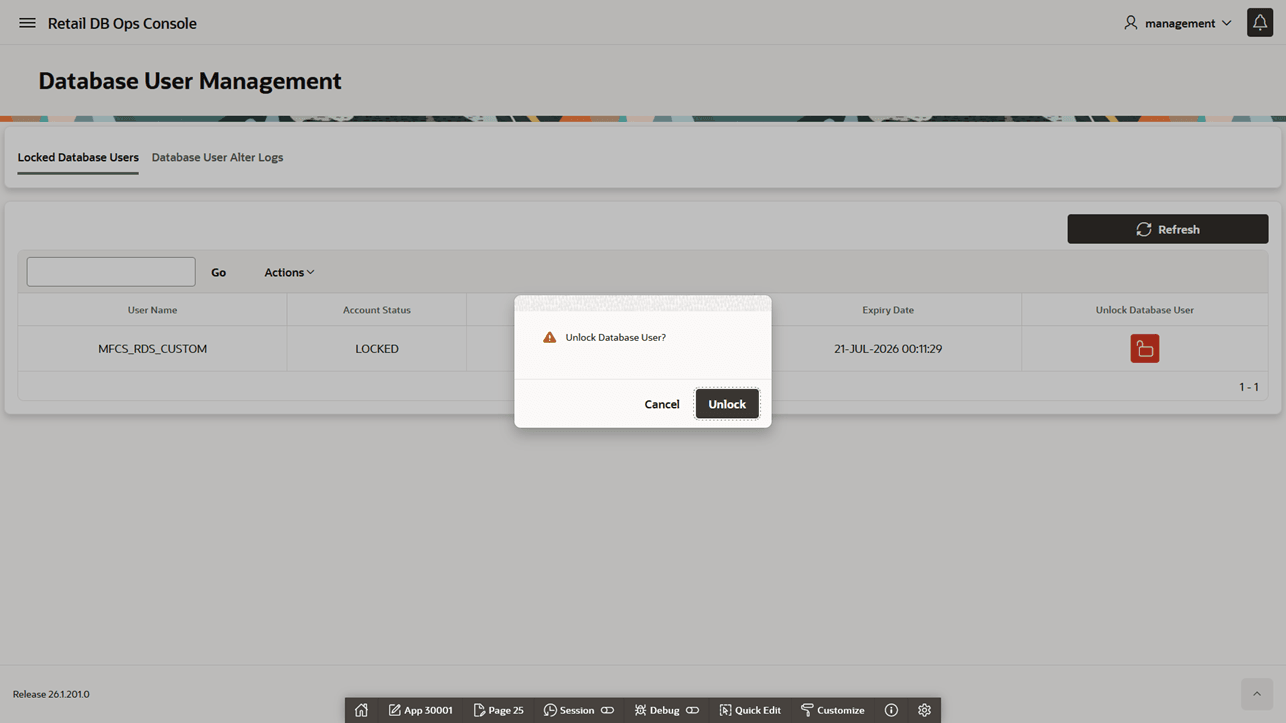 Unlock Database User Confirmation Unlock Database User Confirmation