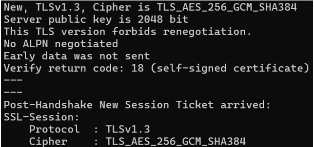 This image shows an example of TLS protocol and cipher used by a terminal by inspecting with openssl command.