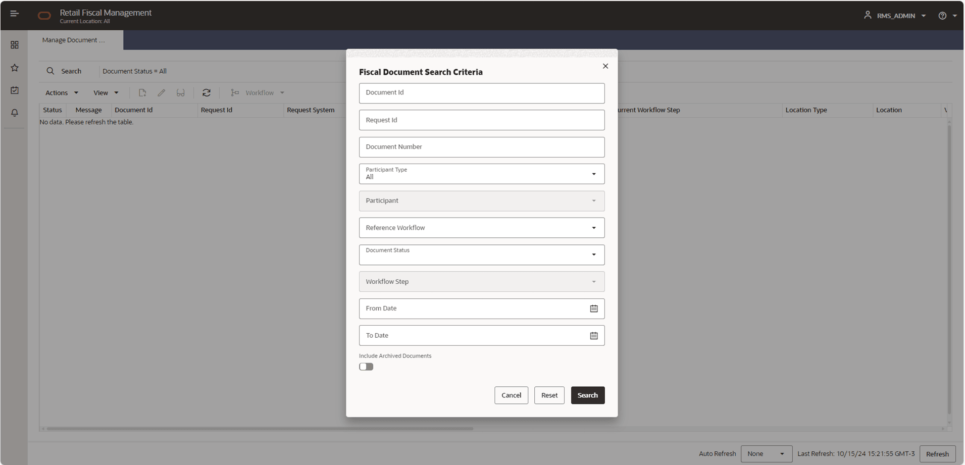 Manage Documentation Search Screen Manage Documentation Search Screen