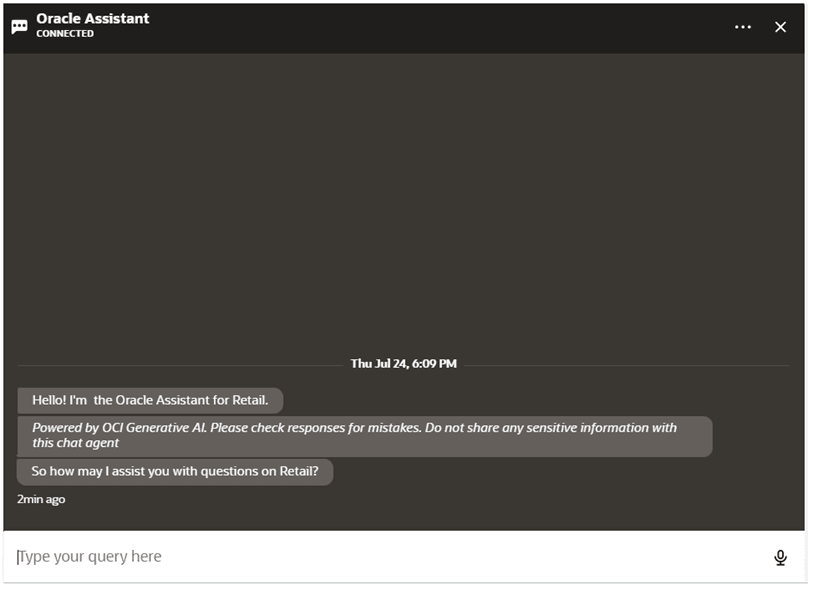 Oracle Digital Assistant Chat Window