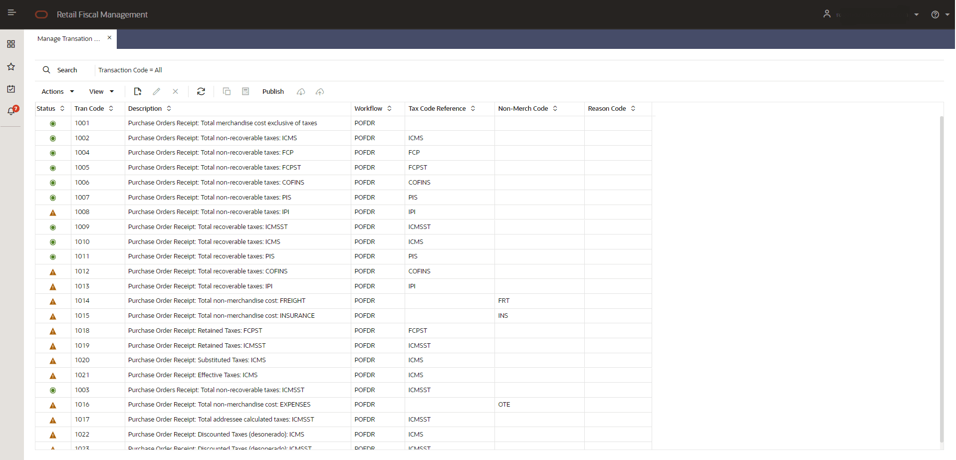 Manage Transaction Codes screen