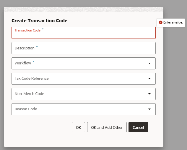Create Transaction Codes screen