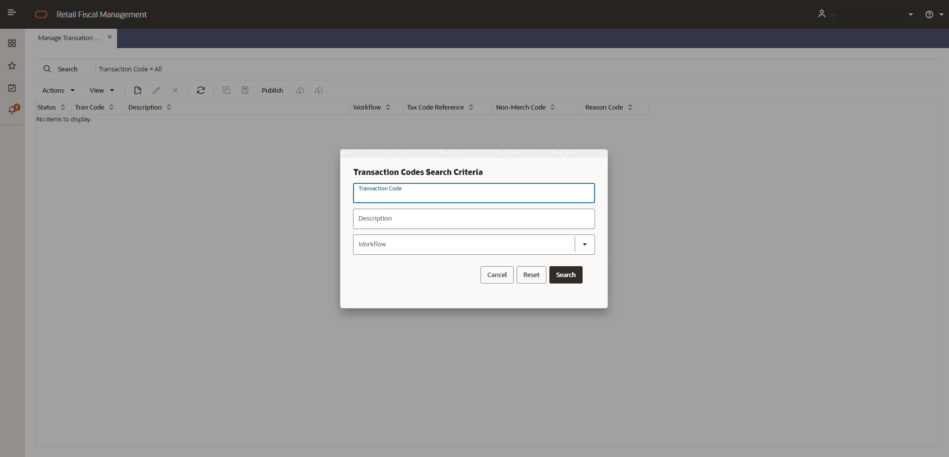Manage Transaction Codes - Search