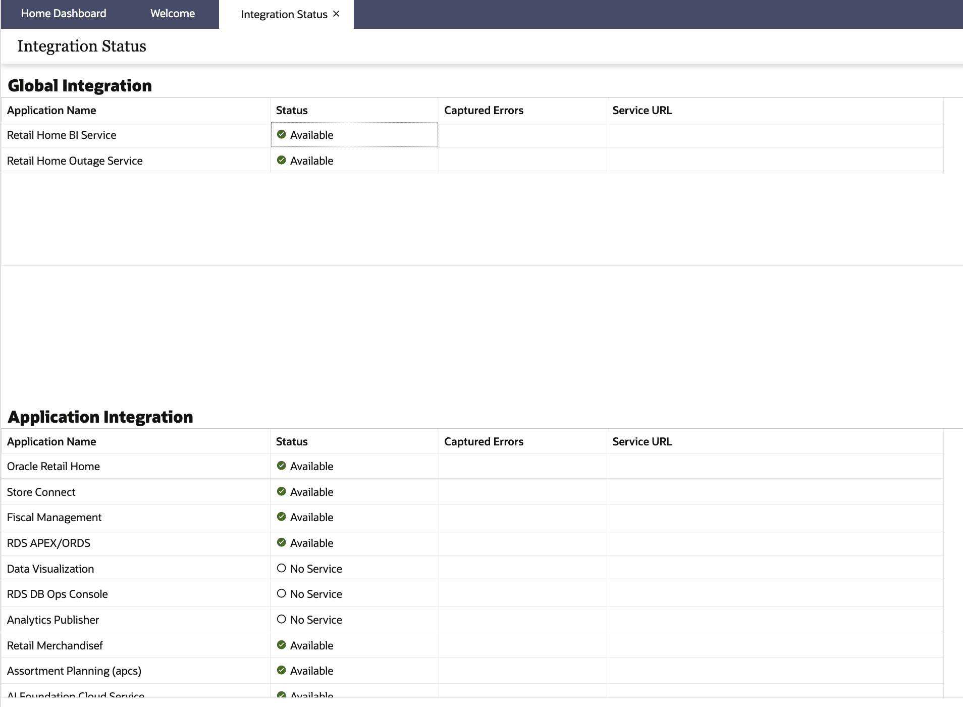 Integration Status Tab Integration Status Tab