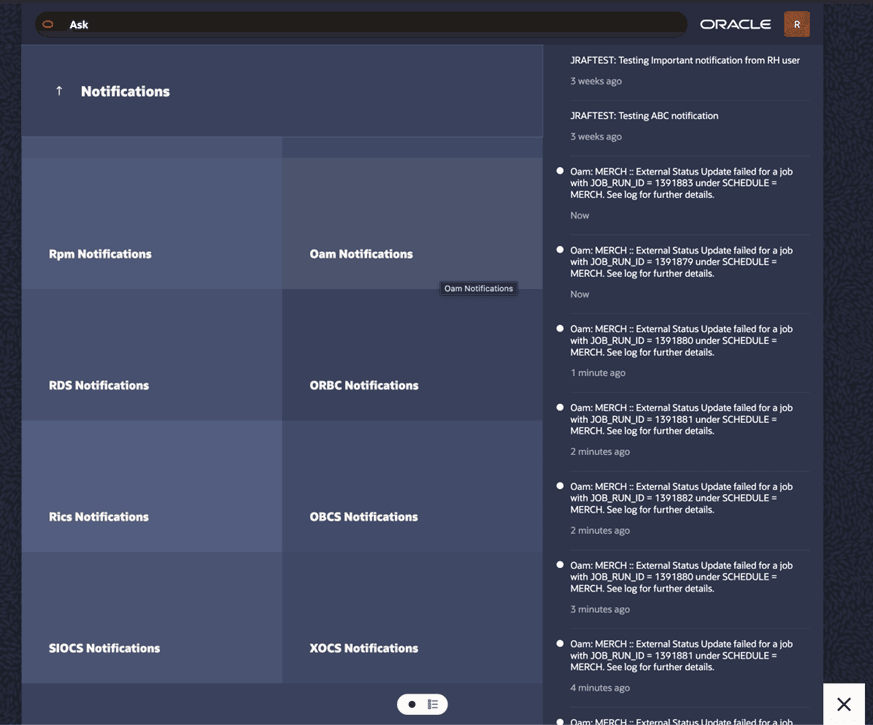 Notifications selected, Application Notification Tiles displayed Notifications selected, Application Notification Tiles displayed