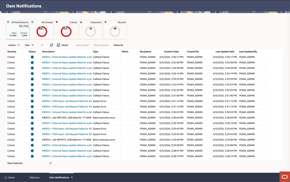 Oam Notifications Tile selected; detailed Notification List displayed Oam Notifications Tile selected; detailed Notification List displayed