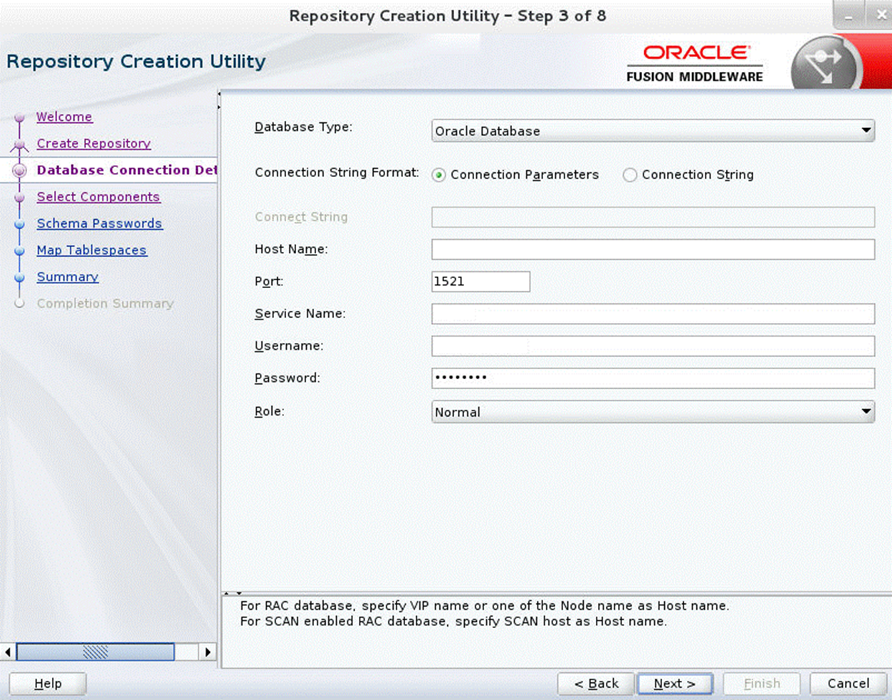 Repository Creation Utility Step 3 Database Connection Details