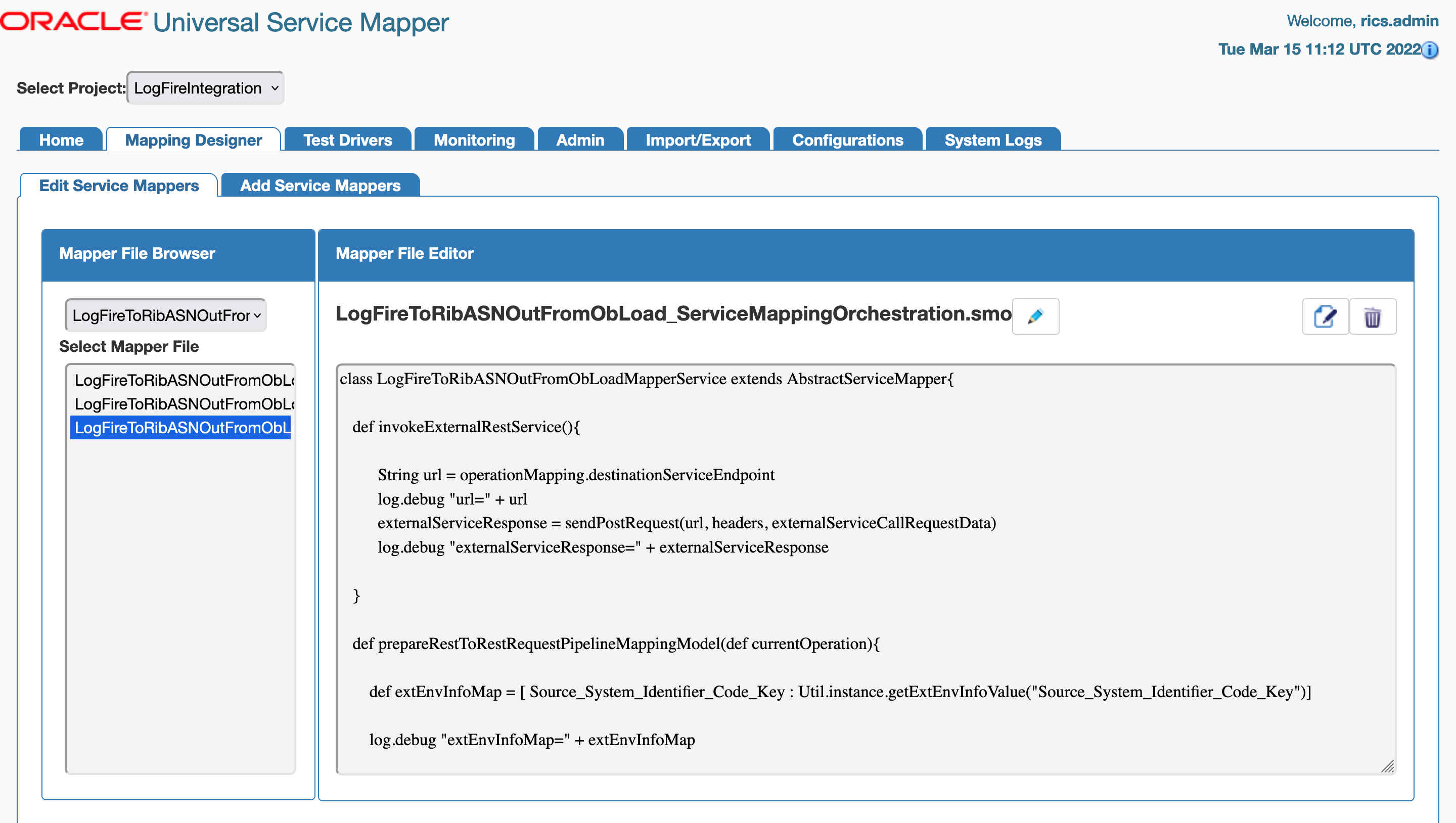 Edit Service Mappers Sub-tab Edit Service Mappers Sub-tab